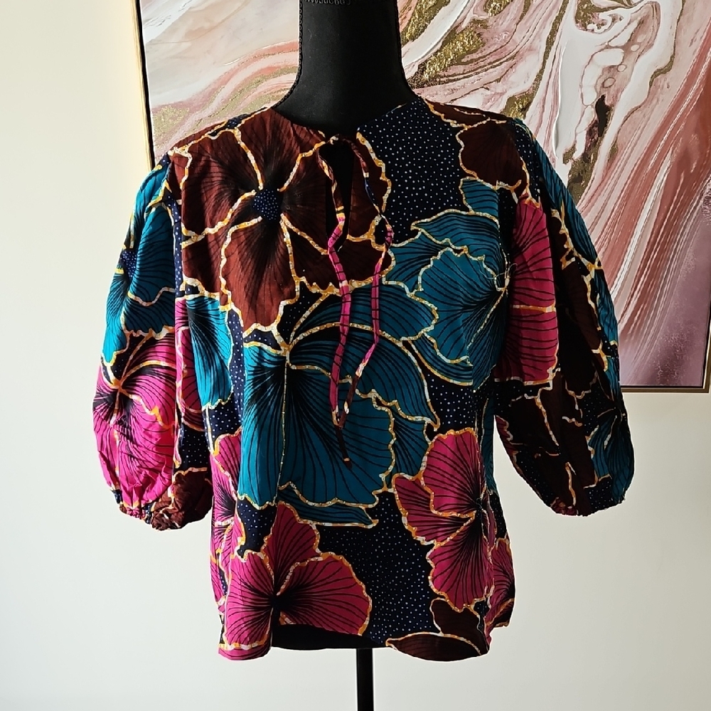 NEW Multicolored 3/4 Sleeve Cotton  Embellished Authentic African Top Size 12